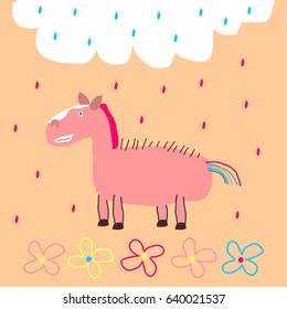 Awesome Retro Cute Horse Design for t-shirt, mug, bag lunchbox, wallpaper, wrapper, poster and banner flat design for kids. vector illustration
