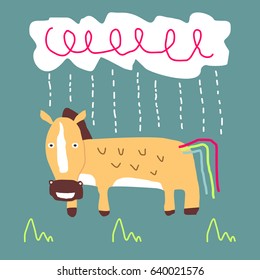 Awesome Retro Cute Horse Design for t-shirt, mug, bag lunchbox, wallpaper, wrapper, poster and banner flat design for kids. vector illustration
