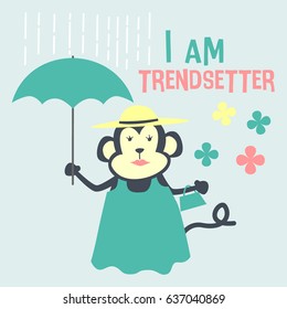 Awesome Retro Cute Monkey Design for t-shirt, mug, bag lunchbox, wallpaper, wrapper, poster and banner flat design for kids. vector illustration

