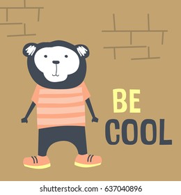 Awesome Retro Cute Monkey Design for t-shirt, mug, bag lunchbox, wallpaper, wrapper, poster and banner flat design for kids. vector illustration
