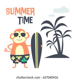 Awesome Retro Cute Monkey Design for t-shirt, mug, bag lunchbox, wallpaper, wrapper, poster and banner flat design for kids. vector illustration
