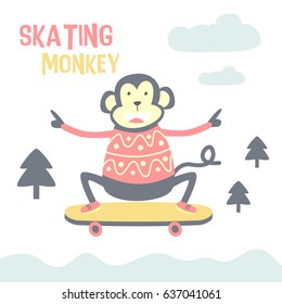 Awesome Retro Cute Monkey Design for t-shirt, mug, bag lunchbox, wallpaper, wrapper, poster and banner flat design for kids. vector illustration
