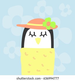 Awesome Retro Cute Penguin Design for t-shirt, mug, bag lunchbox, wallpaper, wrapper, poster and banner flat design for kids. vector illustration

