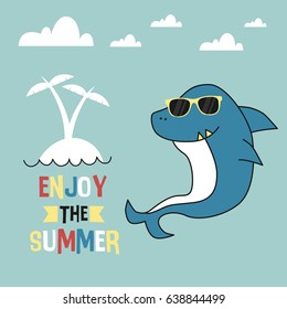 Awesome Retro Cute Shark Design for t-shirt, mug, bag lunchbox, wallpaper, wrapper, poster and banner flat design for kids. vector illustration
