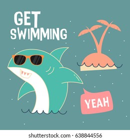 Awesome Retro Cute Shark Design for t-shirt, mug, bag lunchbox, wallpaper, wrapper, poster and banner flat design for kids. vector illustration
