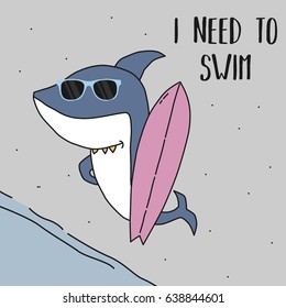 Awesome Retro Cute Shark Design for t-shirt, mug, bag lunchbox, wallpaper, wrapper, poster and banner flat design for kids. vector illustration
