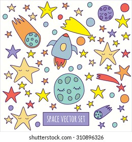  Awesome romantic card with lovely planets, moon, comic astronauts, spaceships, starts and comets. Space vector set