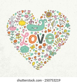 Awesome romantic concept card in modern stylish colors. Heart shape made of romantic signs: hearts, flowers, girl, whale, clouds, stars and butterflies in vector. Ideal for Save the Date invitations