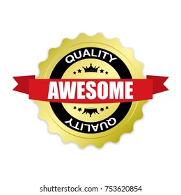 Awesome round gold badge with red ribbon.vector illustration