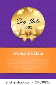 Awesome sale -50% off golden label with round blurred elements vector illustration with gold bow isolated on poster on purple background, place for text