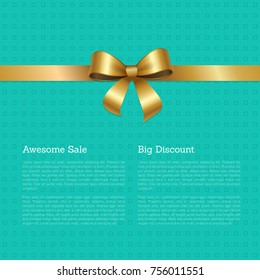 Awesome sale big discount certificate card design with ribbon and gold bow knot vector illustration with text isolated on abstract green with dots