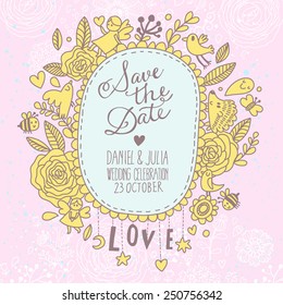 Awesome Save the Date card in vintage style. Delightful wedding invitation with a lot of romantic elements: flowers. birds, bee, hearts and others in vector