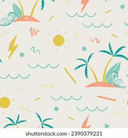 Awesome scenic beach surf summer tropical seamless pattern vector graphic artwork