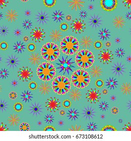 Awesome seamless pattern with abstract flowers. Background is dark azure. Elements are placed radial.