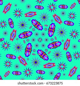 Awesome seamless pattern with abstract flowers. Background is azure. Elements are placed radial.