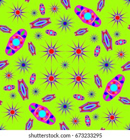 Awesome seamless pattern with abstract flowers. Background is green. Elements are placed radial.