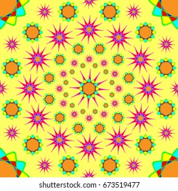 Awesome seamless pattern with abstract flowers. Background is yellow. Elements are placed radial.