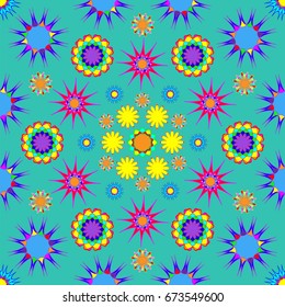 Awesome seamless pattern with abstract flowers. Background is dark azure. Elements are placed radial.