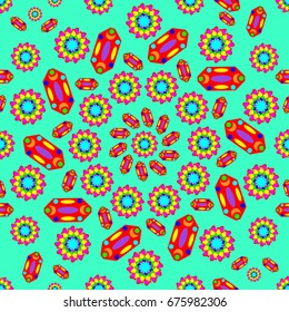 Awesome seamless pattern with abstract flowers. Background is azure. Elements are placed radial.