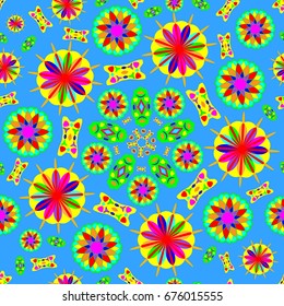 Awesome seamless pattern with abstract flowers. Background is blue. Elements are placed radial.