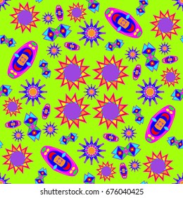 Awesome seamless pattern with abstract flowers. Background is green. Elements are placed radial.