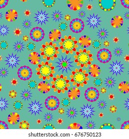 Awesome seamless pattern with abstract flowers. Background is dark azure. Elements are placed radial.