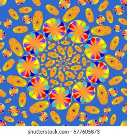 Awesome seamless pattern with abstract flowers. Background is blue. Elements are placed radial.