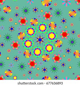 Awesome seamless pattern with abstract flowers. Background is dark azure. Elements are placed radial.