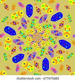 Awesome seamless pattern with abstract flowers. Background is yellow. Elements are placed radial.