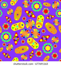 Awesome seamless pattern with abstract flowers. Background is purple. Elements are placed radial.