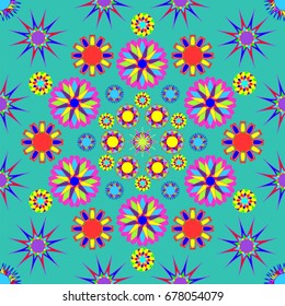 Awesome seamless pattern with abstract flowers. Background is dark azure. Elements are placed radial.