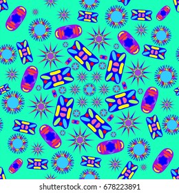 Awesome seamless pattern with abstract flowers. Background is azure. Elements are placed radial.
