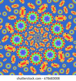 Awesome seamless pattern with abstract flowers. Background is blue. Elements are placed radial.