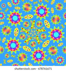 Awesome seamless pattern with abstract flowers. Background is blue. Elements are placed radial.
