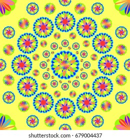 Awesome seamless pattern with abstract flowers. Background is yellow. Elements are placed radial.