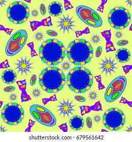 Awesome seamless pattern with abstract flowers. Background is green. Elements are placed radial.