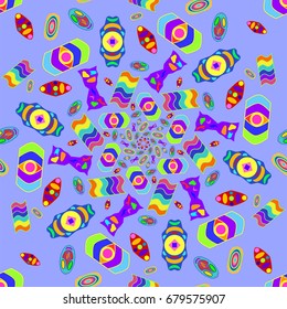 Awesome seamless pattern with abstract flowers. Background is violet. Elements are placed radial.