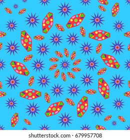 Awesome seamless pattern with abstract flowers. Background is blue. Elements are placed radial.
