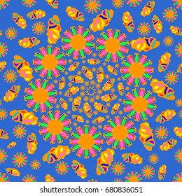 Awesome seamless pattern with abstract flowers. Background is blue. Elements are placed radial.