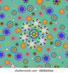 Awesome seamless pattern with abstract flowers. Background is dark azure. Elements are placed radial.