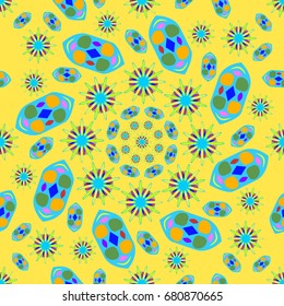 Awesome seamless pattern with abstract flowers. Background is yellow. Elements are placed radial.