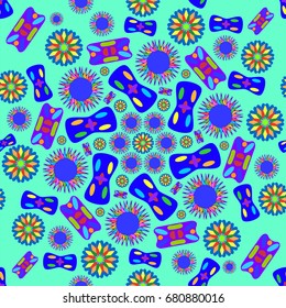 Awesome seamless pattern with abstract flowers. Background is azure. Elements are placed radial.