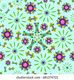 Awesome seamless pattern with abstract flowers. Background is azure. Elements are placed radial.