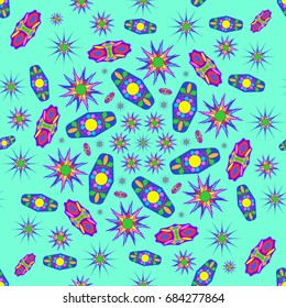 Awesome seamless pattern with abstract flowers. Background is azure. Elements are placed radial.