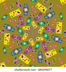 Awesome seamless pattern with abstract flowers. Background is dark greenish yellow. Elements are placed radial.