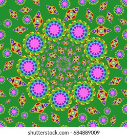 Awesome seamless pattern with abstract flowers. Background is green. Elements are placed radial.
