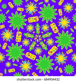 Awesome seamless pattern with abstract flowers. Background is violet. Elements are placed radial.