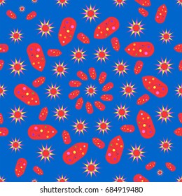 Awesome seamless pattern with abstract flowers. Background is blue. Elements are placed radial.