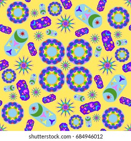 Awesome seamless pattern with abstract flowers. Background is yellow. Elements are placed radial.