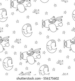 Awesome seamless pattern with cartoon crescent, stars and cute fox pilot on the aircraft. For textile, fabric, bedroom interiors: wallpaper, pillow, blanket, pajamas. Good for restful sleep.